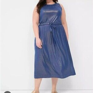 Lane Bryant Midi Dress Plus 30/32 Blue Gold Foil Shimmer Glam NYE Holiday Event